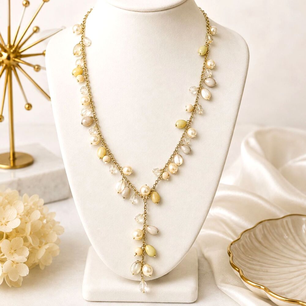 Carolina Herrera Gold Tone Beaded Faux Pearl Y Drop Necklace Signed CH 18"